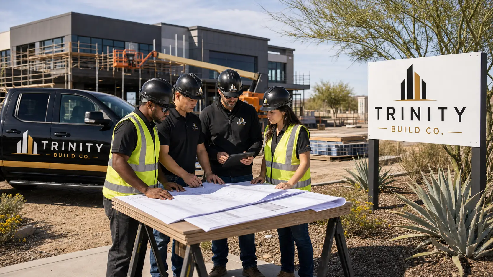 Construction team reviewing plans
