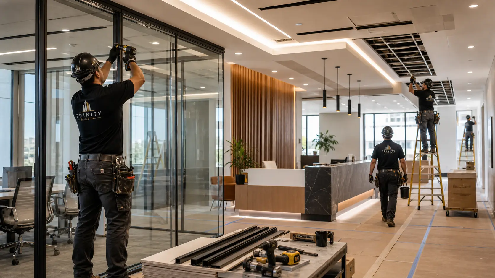 Glass partition installation in an office buildout