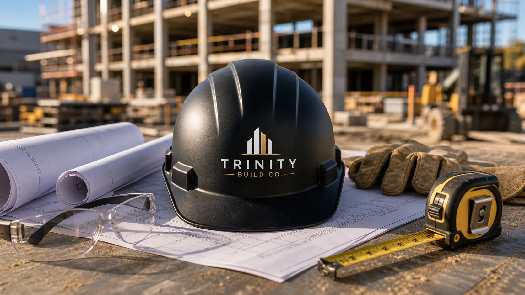 Hardhat resting on construction plans