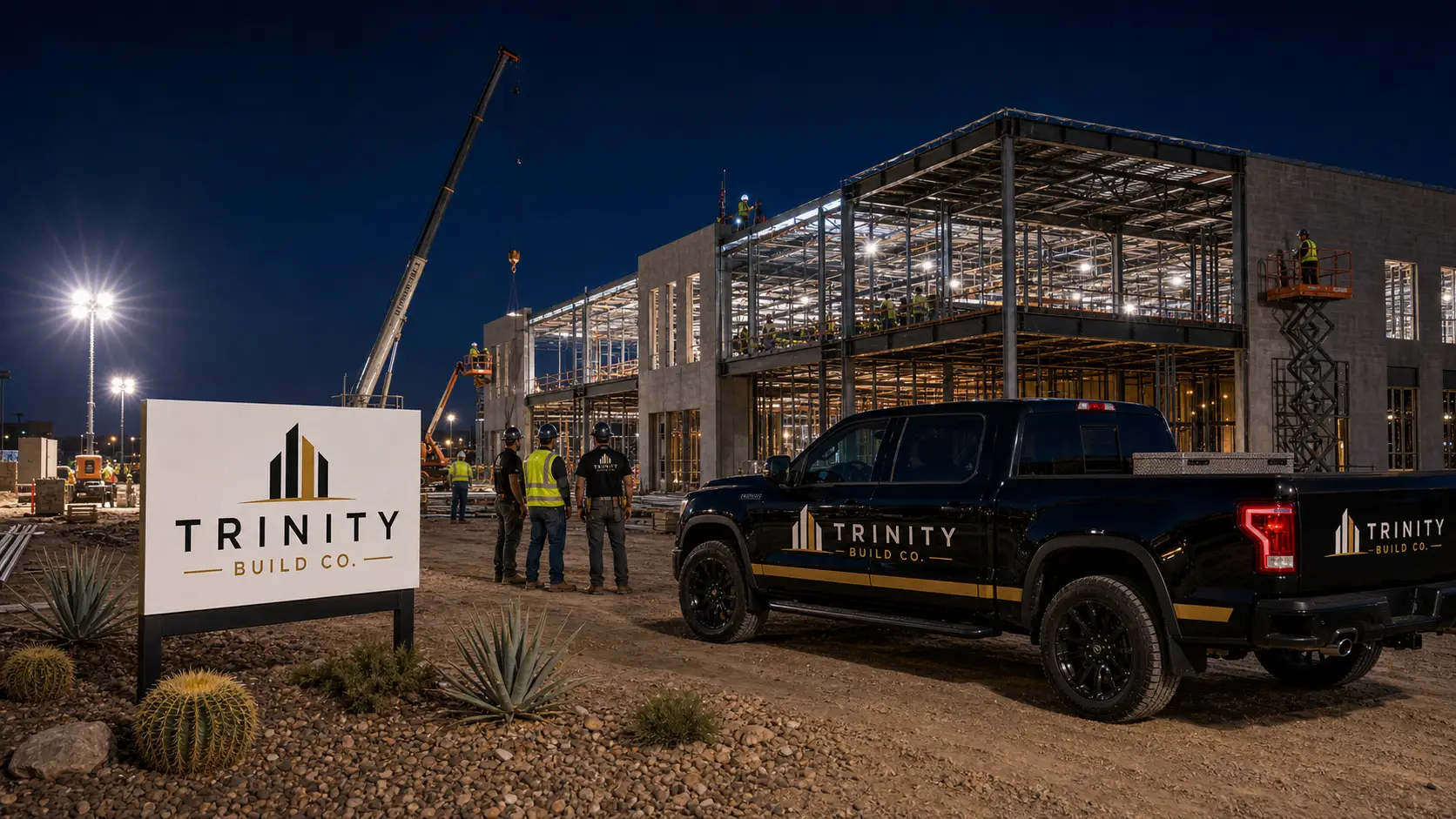 Commercial construction site at night