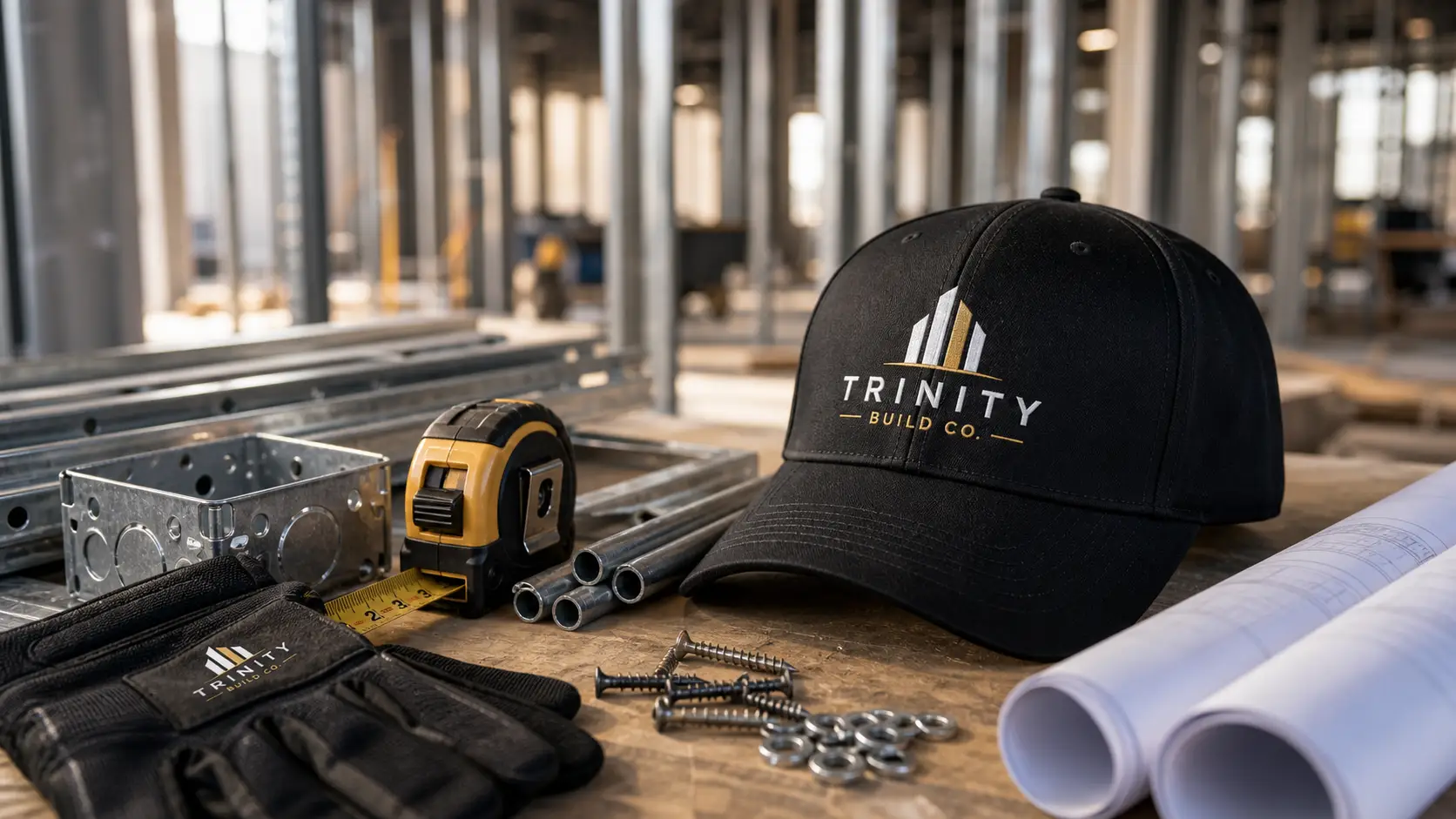 Work cap beside construction tools and building materials
