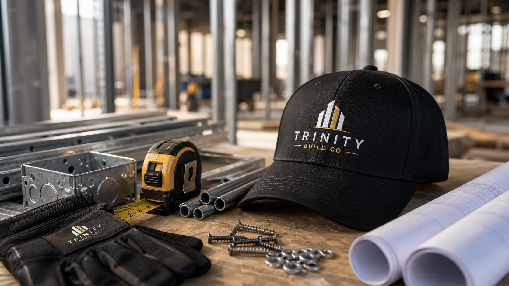 Work cap beside construction tools and building materials