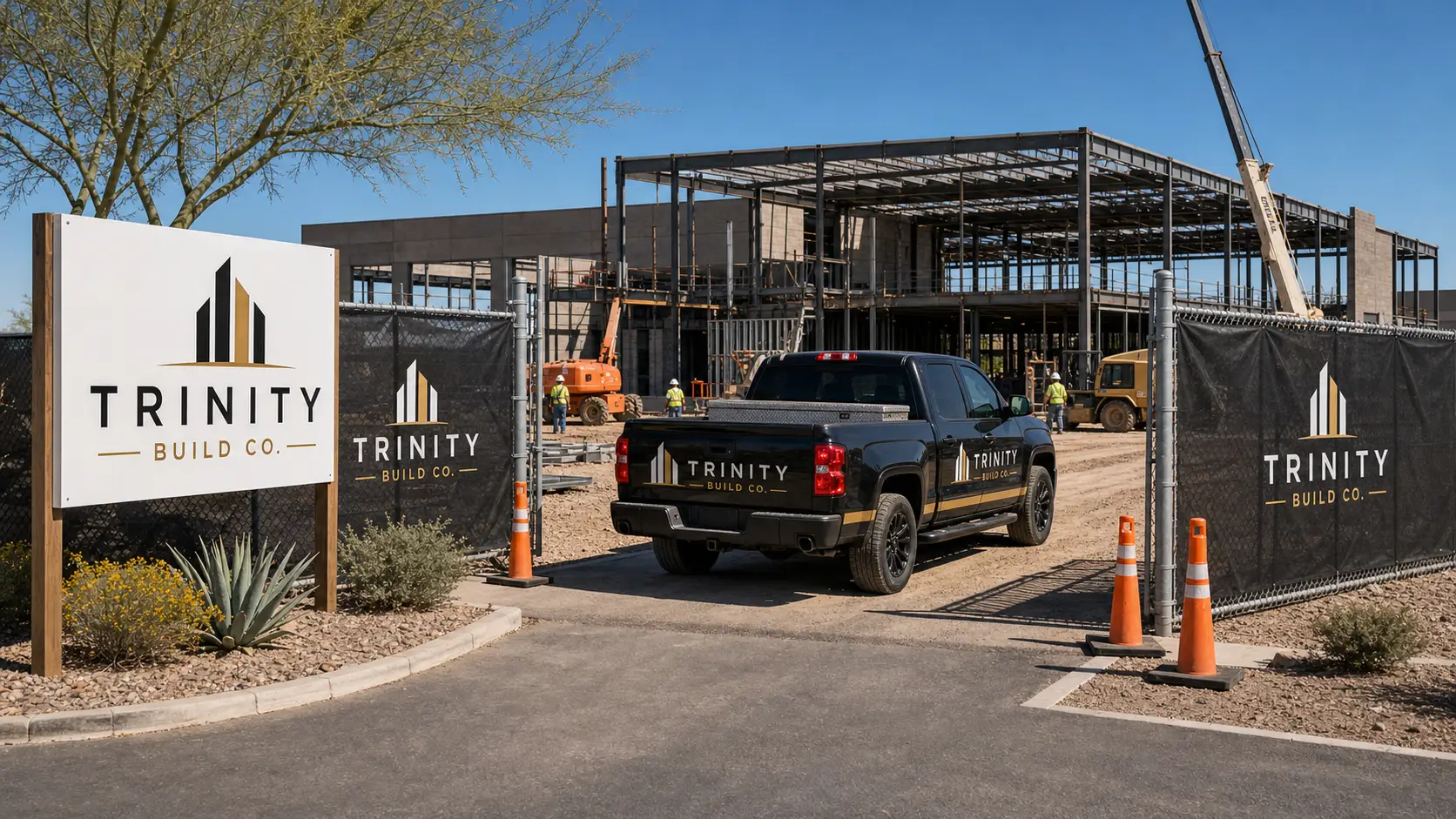 Construction site entrance with perimeter fencing