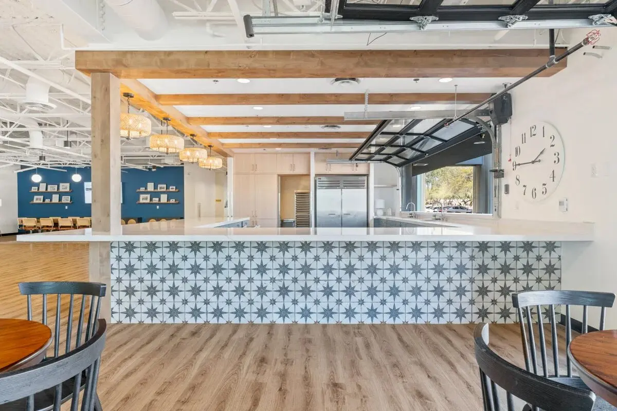 Custom patterned-tile café bar at Illuminate Community Church