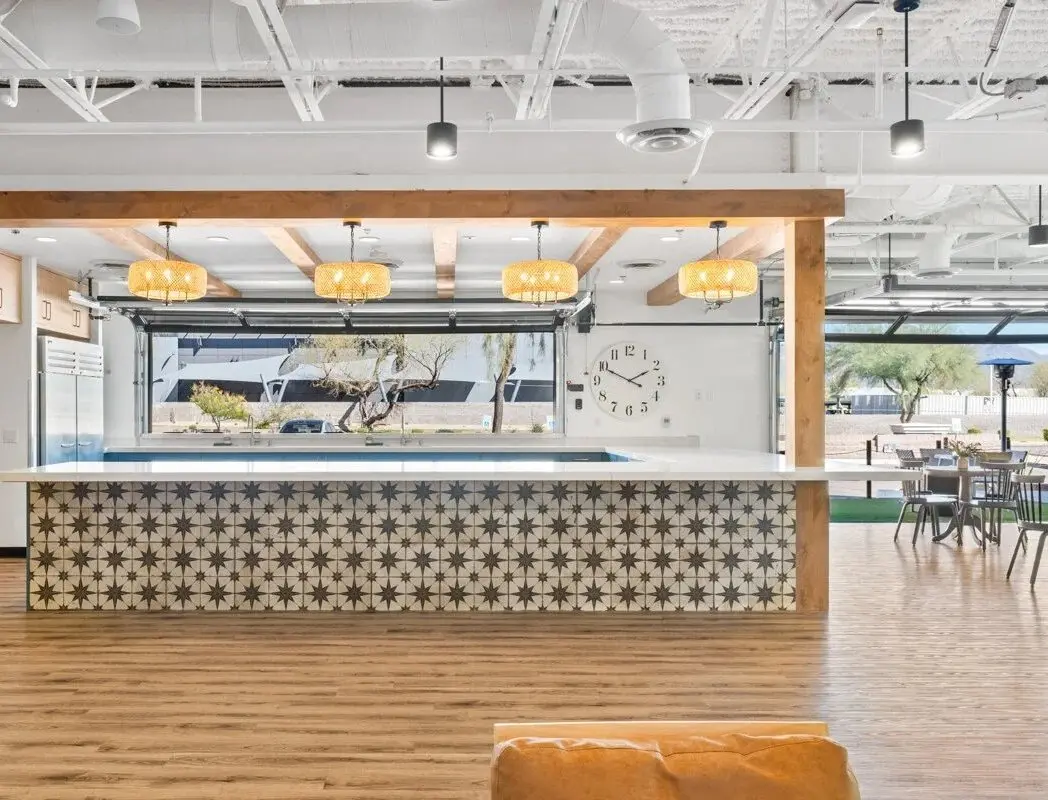 Custom church café bar finished with patterned tile